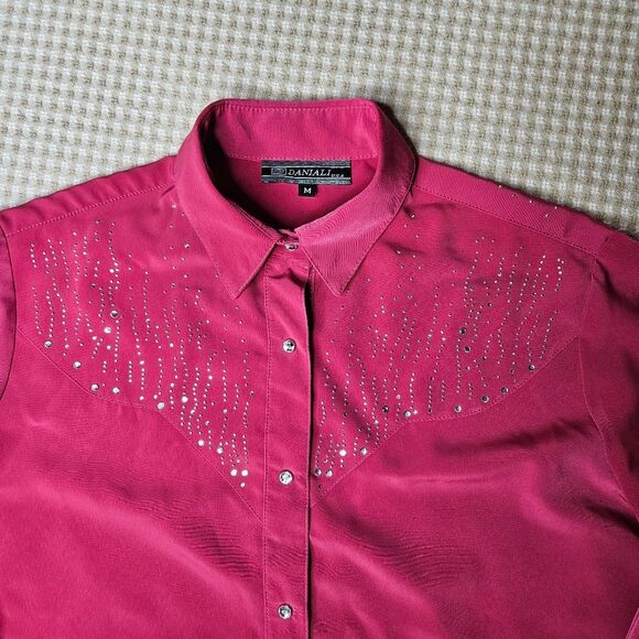 Daniali USA Deep Pink Rhinestone Bling Snap Front Western Cowgirl Shirt Blouse - Picture 4 of 11
